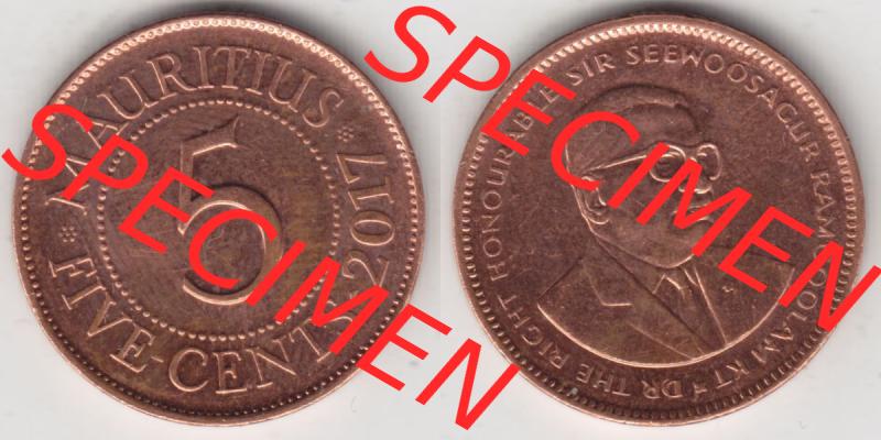 Münzen Afrika Mauritius Umlaufmünzen 1987-2017, 5 Cent 2017. Vorderseite und Rückseite nebeneinander auf einen Digitalen Bild einer Münze aus Mauritius, Mauritius... Sammlung