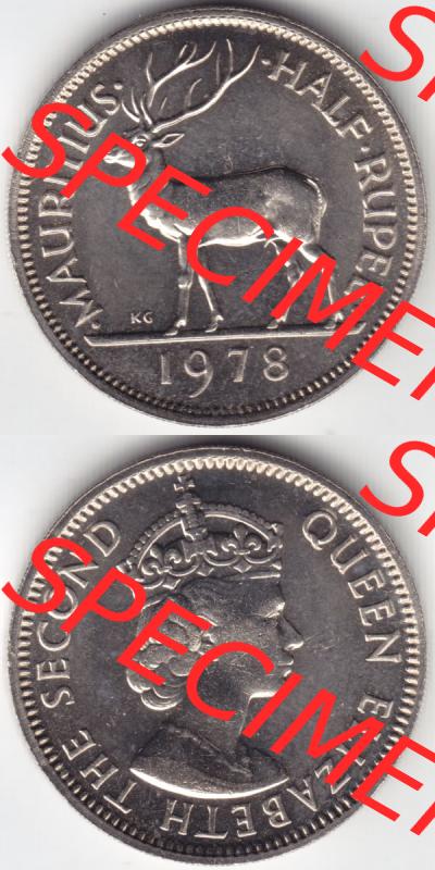Münzen Afrika Mauritius Umlaufmünzen 1965-1978, 0,50 Halbe Rupie 1978. Vorderseite und Rückseite vertikal untereinander auf einen Digitalen Bild einer Münze aus Mauritius,... Sammlung