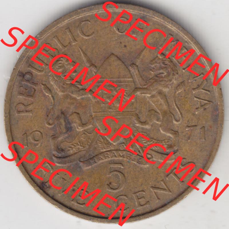 Münzen Afrika Kenia Umlaufmünzen 1969-1978, 5 Cent des Schillings 1971. Vorderseite einer Münze aus Kenia, Kenia befindet sich auf dem Kontinent Afrika. Hier befindet... Sammlung