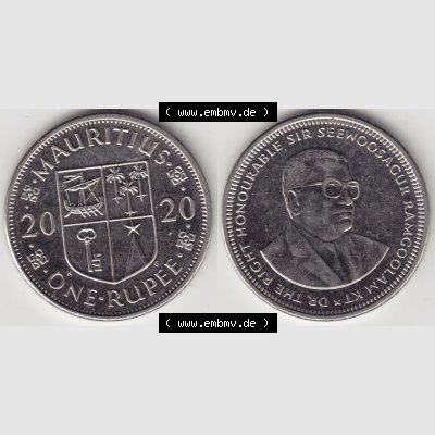 Münzen Afrika Mauritius Umlaufmünzen 2012-2020, 1 Rupie, 1 Rupee 2020. Vorderseite und Rückseite nebeneinander auf einen Digitalen Bild einer Münze aus Mauritius,... Sammlung