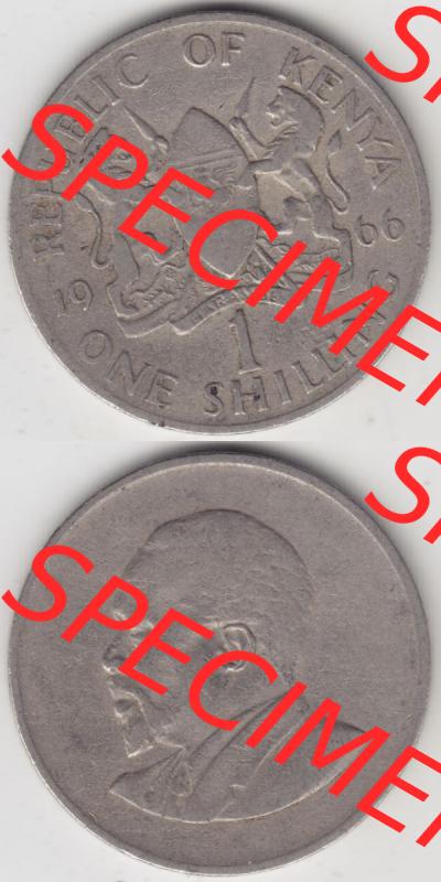 Münzen Afrika Kenia Umlaufmünzen 1966-1968, 1 One Shilling, Schilling 1966. Vorderseite und Rückseite vertikal untereinander auf einen Digitalen Bild einer Münze... Sammlung