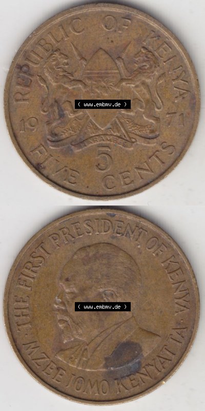 Münzen Afrika Kenia Umlaufmünzen 1969-1978, 5 Cent des Schillings 1971. Vorderseite und Rückseite vertikal untereinander auf... Sammlung