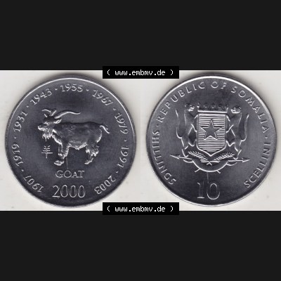Münzen Afrika Somalia Lunar Gedenkmünzen 2000-2000, 10 Schilling mit Chinesischen Tierkreiszeichen 2003 Ziege - Goat. Vorderseite und Rückseite nebeneinander auf einen Digitalen... Sammlung