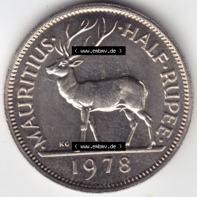 Münzen Afrika Mauritius Umlaufmünzen 1965-1978, 0,50 Halbe Rupie 1978. Vorderseite einer Münze aus Mauritius, Mauritius befindet... Sammlung