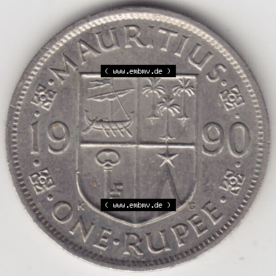 Münzen Afrika Mauritius Umlaufmünzen 1987-2010, 1 Rupie, 1 Rupee 1990. Vorderseite einer Münze aus Mauritius, Mauritius befindet... Sammlung