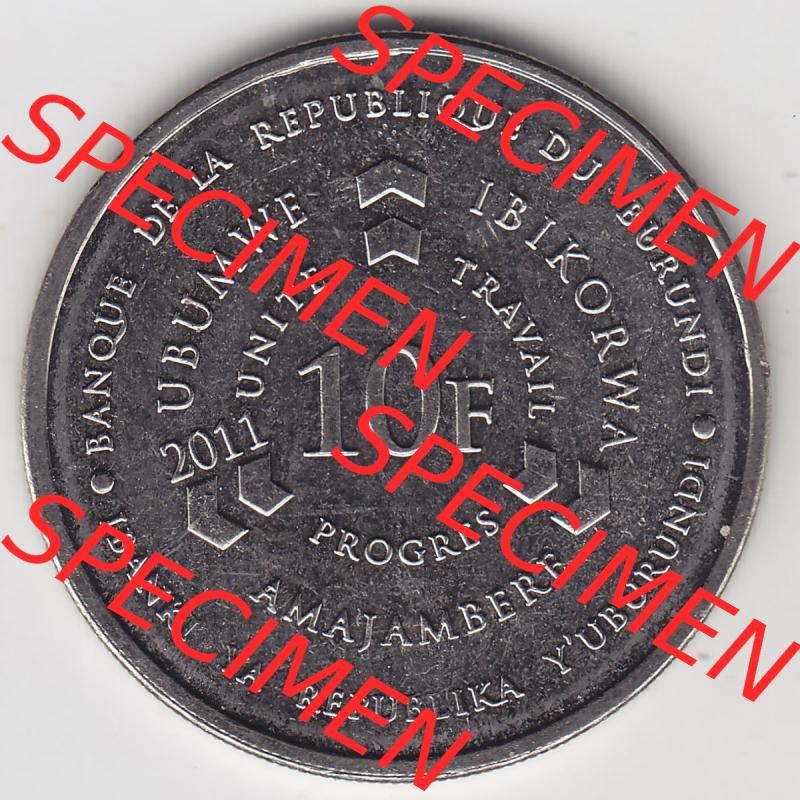 Münzen Afrika Burundi Umlaufmünzen 2011-2011, 10 France Franken 2011. Rückseite einer Münze aus Burundi, Burundi befindet sich auf dem Kontinent Afrika. Hier... Sammlung
