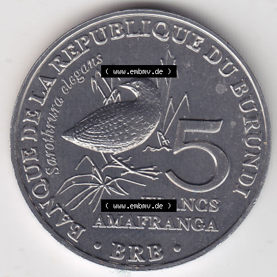 Münzen Afrika Burundi Gedenkmünzen 2014-2014, 5 Francs Vögel-Schmuckzwergralle. Vorderseite einer Münze aus Burundi, Burundi... Sammlung