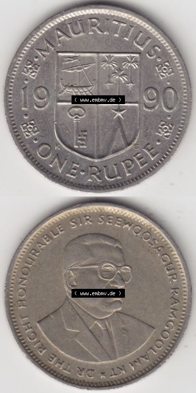 Münzen Afrika Mauritius Umlaufmünzen 1987-2010, 1 Rupie, 1 Rupee 1990. Vorderseite und Rückseite vertikal untereinander auf... Sammlung