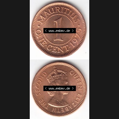 Münzen Afrika Mauritius Umlaufmünzen 1953-1978, 1 Cent 1975. Vorderseite und Rückseite vertikal untereinander auf einen Digitalen Bild einer Münze aus Mauritius,... Sammlung