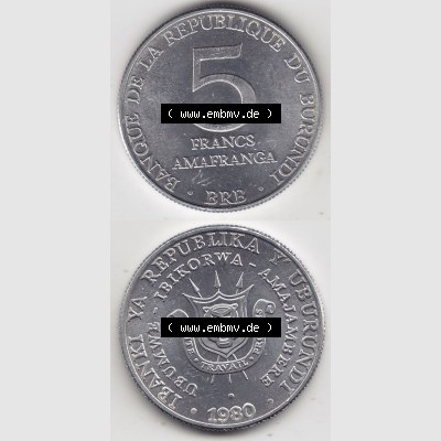 Münzen Afrika Burundi Umlaufmünzen 1976-2013, 5 France Franken 1980. Vorderseite und Rückseite vertikal untereinander auf einen Digitalen Bild einer Münze aus Burundi,... Sammlung