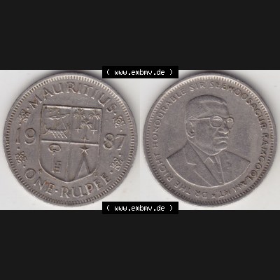 Münzen Afrika Mauritius Umlaufmünzen 1987-2010, 1 Rupie, One-Rupee 1987. Vorderseite und Rückseite nebeneinander auf einen Digitalen Bild einer Münze aus Mauritius,... Sammlung