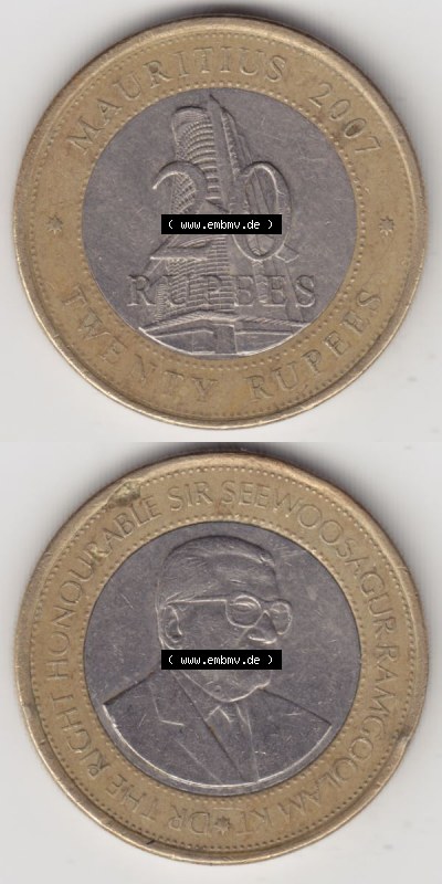 Münzen Afrika Mauritius Umlaufmünzen 2007-2020, 20 Rupien, 20 Rupees 2007. Vorderseite und Rückseite vertikal untereinander... Sammlung