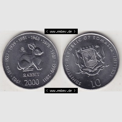 Münzen Afrika Somalia Lunar Gedenkmünzen 2000-2000, 10 Schilling mit Chinesischen Tierkreiszeichen 2011 Hase - Rabbit. Vorderseite und Rückseite nebeneinander auf einen Digitalen... Sammlung