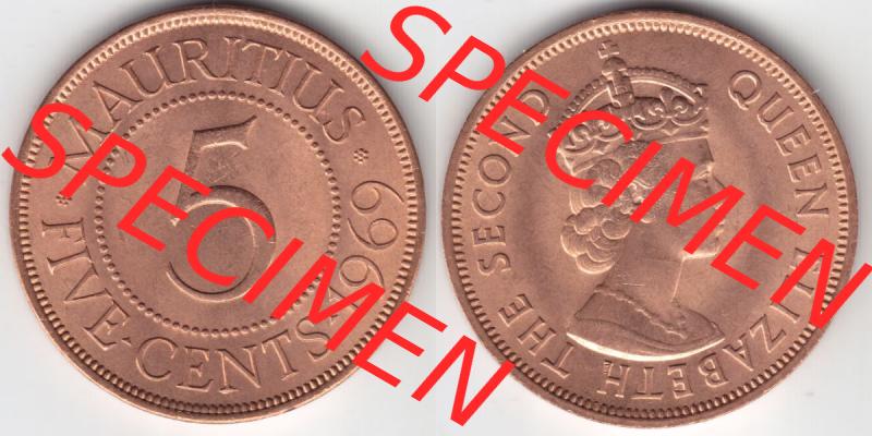 Münzen Afrika Mauritius Umlaufmünzen 1956-1978, 5 Cent 1969. Vorderseite und Rückseite nebeneinander auf einen Digitalen Bild einer Münze aus Mauritius, Mauritius... Sammlung