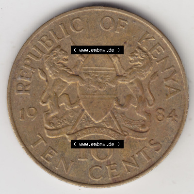 Münzen Afrika Kenia Umlaufmünzen 1978-1991, 10 Cent 1984. Vorderseite einer Münze aus Kenia, Kenia befindet sich auf dem Kontinent... Sammlung