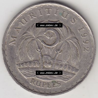 Münzen Afrika Mauritius Umlaufmünzen 1987-2010, 5 Rupien, Rupees 1992. Vorderseite einer Münze aus Mauritius, Mauritius befindet sich auf dem Kontinent Afrika.... Sammlung