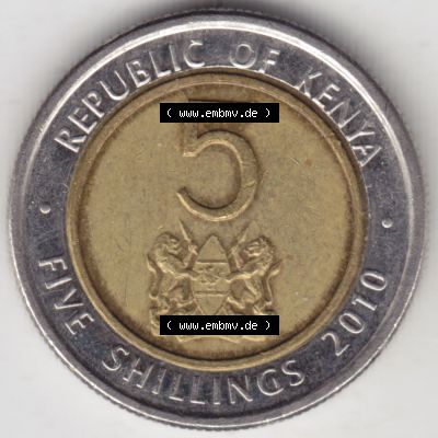 Münzen Afrika Kenia Umlaufmünzen 2010-2010, 5 Schilling - Shillings 2010. Vorderseite einer Münze aus Kenia, Kenia befindet sich auf dem Kontinent Afrika. Hier... Sammlung