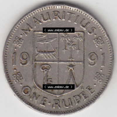 Münzen Afrika Mauritius Umlaufmünzen 1987-2010, 1 Rupie, 1 Rupee 1991. Vorderseite einer Münze aus Mauritius, Mauritius befindet... Sammlung