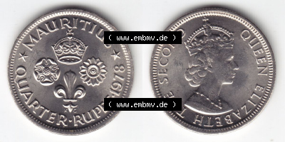 Münzen Afrika Mauritius Umlaufmünzen 1960-1978, 0,25 Quarter Rupie 1978. Vorderseite und Rückseite nebeneinander auf einen... Sammlung