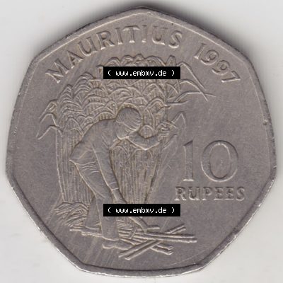 Münzen Afrika Mauritius Umlaufmünzen 1997-2000, 10 Rupien, Rupees 1997. Vorderseite einer Münze aus Mauritius, Mauritius befindet sich auf dem Kontinent Afrika.... Sammlung