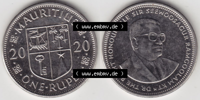 Münzen Afrika Mauritius Umlaufmünzen 2012-2020, 1 Rupie, 1 Rupee 2020. Vorderseite und Rückseite nebeneinander auf einen Digitalen... Sammlung