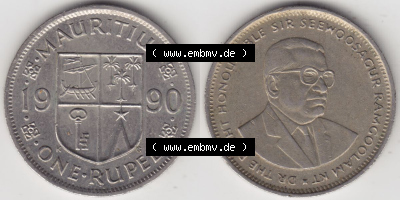 Münzen Afrika Mauritius Umlaufmünzen 1987-2010, 1 Rupie, 1 Rupee 1990. Vorderseite und Rückseite nebeneinander auf einen Digitalen... Sammlung