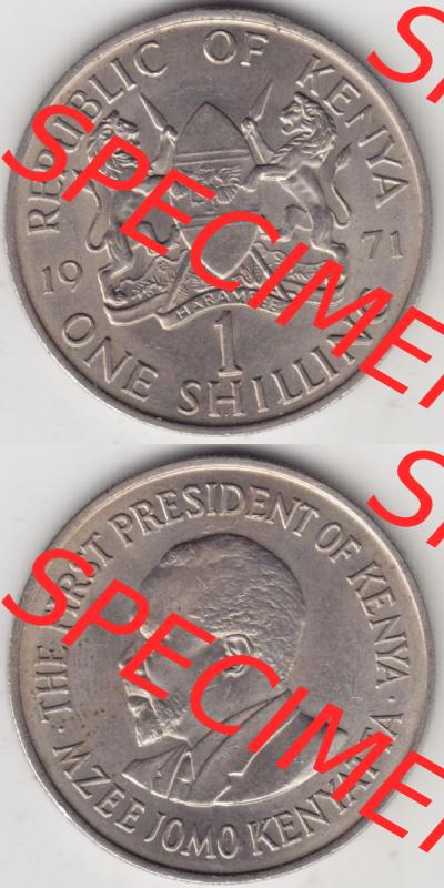 Münzen Afrika Kenia Umlaufmünzen 1969-1978, 1 One Shilling, Schilling 1971. Vorderseite und Rückseite vertikal untereinander auf einen Digitalen Bild einer Münze... Sammlung