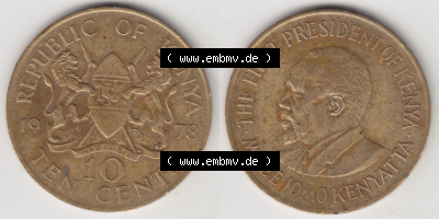 Münzen Afrika Kenia Umlaufmünzen 1969-1978, 10 Cent 1978. Vorderseite und Rückseite nebeneinander auf einen Digitalen Bild... Sammlung