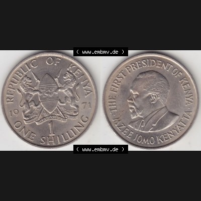 Münzen Afrika Kenia Umlaufmünzen 1969-1978, 1 One Shilling, Schilling 1971. Vorderseite und Rückseite nebeneinander auf einen Digitalen Bild einer Münze aus Kenia,... Sammlung