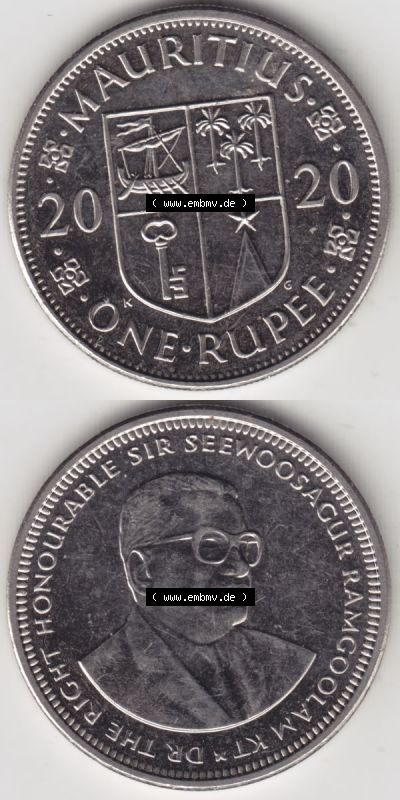 Münzen Afrika Mauritius Umlaufmünzen 2012-2020, 1 Rupie, 1 Rupee 2020. Vorderseite und Rückseite vertikal untereinander auf... Sammlung