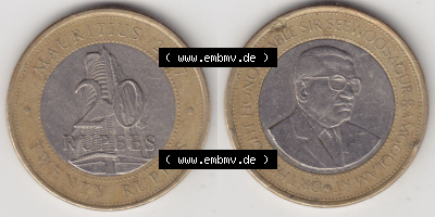 Münzen Afrika Mauritius Umlaufmünzen 2007-2020, 20 Rupien, 20 Rupees 2007. Vorderseite und Rückseite nebeneinander auf einen... Sammlung