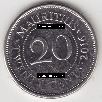 Münzen Afrika Mauritius Umlaufmünzen 1987-2016, 20 Cent 2016. Vorderseite einer Münze aus Mauritius, Mauritius befindet sich... Sammlung