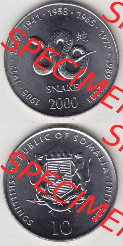 Münzen Afrika Somalia Lunar Gedenkmünzen 2000-2000, 10 Schilling mit Chinesischen Tierkreiszeichen 2001 Schlange - Snake. Vorderseite und Rückseite vertikal untereinander auf... Sammlung