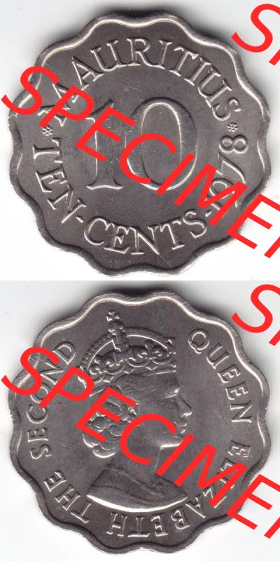 Münzen Afrika Mauritius Umlaufmünzen 1954-1978, 10 Cent 1978. Vorderseite und Rückseite vertikal untereinander auf einen Digitalen Bild einer Münze aus Mauritius,... Sammlung