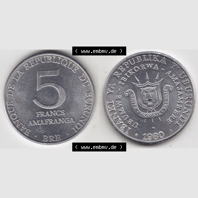 Münzen Afrika Burundi Umlaufmünzen 1976-2013, 5 France Franken 1980. Vorderseite und Rückseite nebeneinander auf einen Digitalen Bild einer Münze aus Burundi, Burundi... Sammlung
