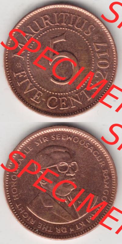 Münzen Afrika Mauritius Umlaufmünzen 1987-2017, 5 Cent 2017. Vorderseite und Rückseite vertikal untereinander auf einen Digitalen Bild einer Münze aus Mauritius,... Sammlung