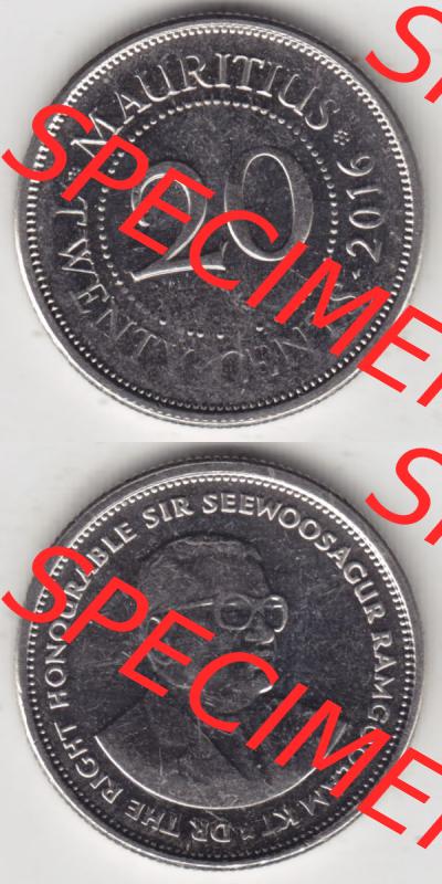 Münzen Afrika Mauritius Umlaufmünzen 1987-2016, 20 Cent 2016. Vorderseite und Rückseite vertikal untereinander auf einen Digitalen Bild einer Münze aus Mauritius,... Sammlung