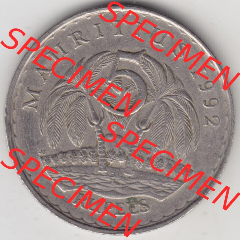 Münzen Afrika Mauritius Umlaufmünzen 1987-2010, 5 Rupien, Rupees 1992. Vorderseite einer Münze aus Mauritius, Mauritius befindet sich auf dem Kontinent Afrika.... Sammlung