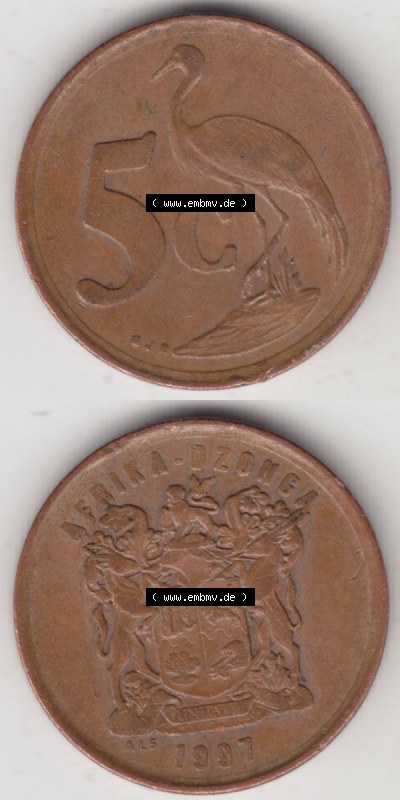 Münzen Afrika Südafrika Umlaufmünzen 1996-2000, 5 Cent 1997 (4) Sammlung