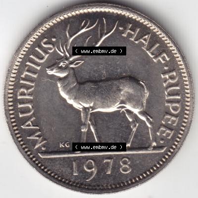 Münzen Afrika Mauritius Umlaufmünzen 1965-1978, 0,50 Halbe Rupie 1978. Vorderseite einer Münze aus Mauritius, Mauritius befindet sich auf dem Kontinent Afrika.... Sammlung