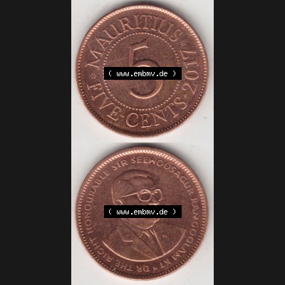 Münzen Afrika Mauritius Umlaufmünzen 1987-2017, 5 Cent 2017. Vorderseite und Rückseite vertikal untereinander auf einen Digitalen Bild einer Münze aus Mauritius,... Sammlung