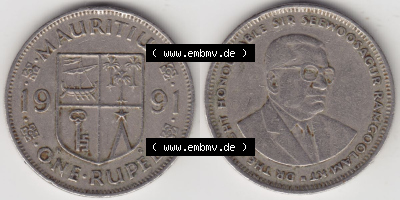 Münzen Afrika Mauritius Umlaufmünzen 1987-2010, 1 Rupie, 1 Rupee 1991. Vorderseite und Rückseite nebeneinander auf einen Digitalen... Sammlung