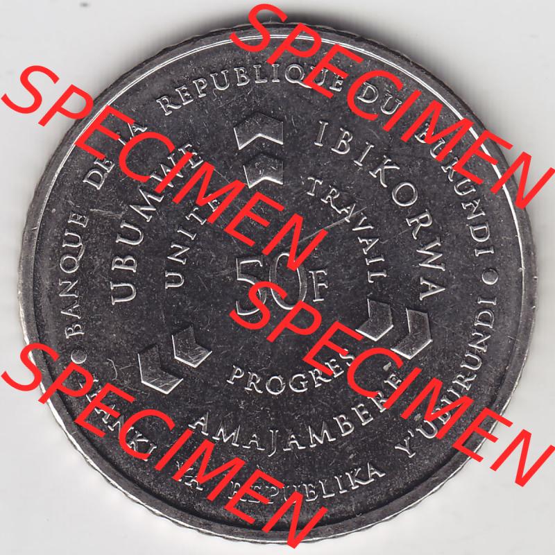 Münzen Afrika Burundi Umlaufmünzen 2011-2011, 50 France Franken 2011. Rückseite einer Münze aus Burundi, Burundi befindet sich auf dem Kontinent Afrika. Hier... Sammlung