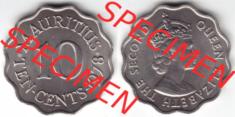 Münzen Afrika Mauritius Umlaufmünzen 1954-1978, 10 Cent 1978. Vorderseite und Rückseite nebeneinander auf einen Digitalen Bild einer Münze aus Mauritius, Mauritius... Sammlung