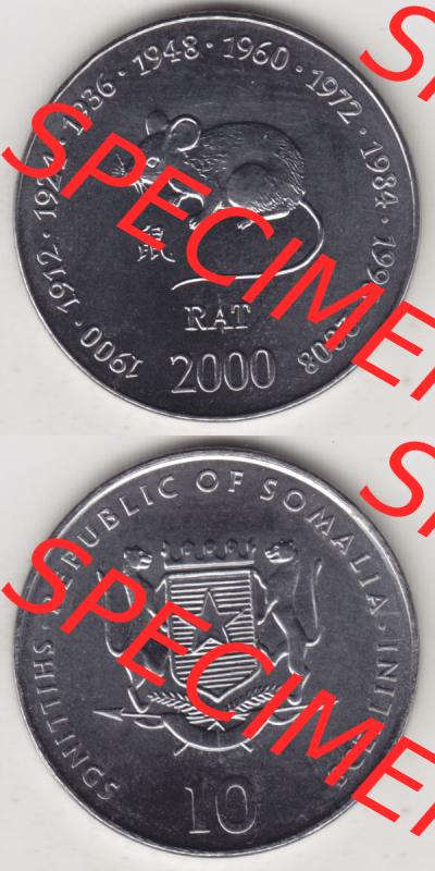 Münzen Afrika Somalia Lunar Gedenkmünzen 2000-2000, 10 Schilling mit Chinesischen Tierkreiszeichen 2008 Maus, Rat. Vorderseite und Rückseite vertikal untereinander auf... Sammlung