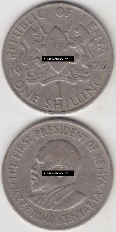 Münzen Afrika Kenia Umlaufmünzen 1969-1978, 1 One Shilling, Schilling1975. Vorderseite und Rückseite vertikal untereinander... Sammlung
