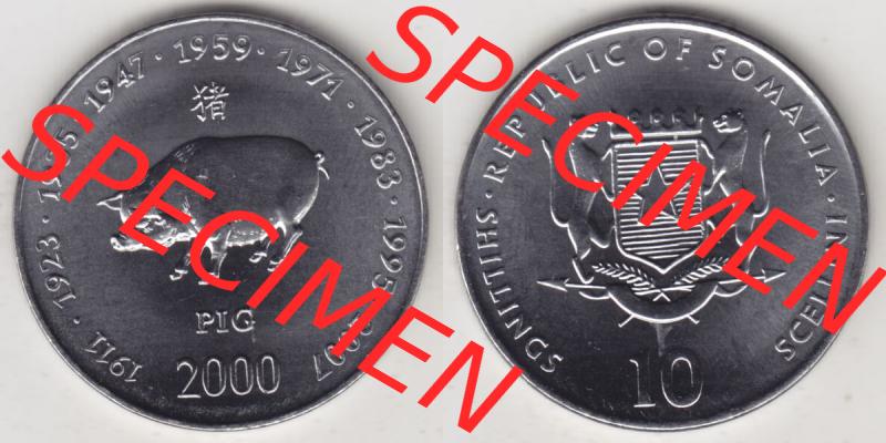 Münzen Afrika Somalia Lunar Gedenkmünzen 2000-2000, 10 Schilling mit Chinesischen Tierkreiszeichen 2007 Schwein - Pic. Vorderseite und Rückseite nebeneinander auf einen Digitalen... Sammlung