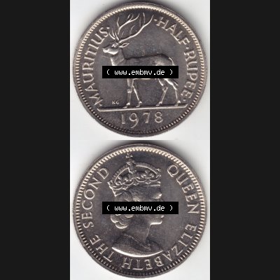 Münzen Afrika Mauritius Umlaufmünzen 1965-1978, 0,50 Halbe Rupie 1978. Vorderseite und Rückseite vertikal untereinander auf einen Digitalen Bild einer Münze aus Mauritius,... Sammlung