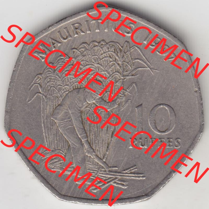 Münzen Afrika Mauritius Umlaufmünzen 1997-2000, 10 Rupien, Rupees 1997. Vorderseite einer Münze aus Mauritius, Mauritius befindet sich auf dem Kontinent Afrika.... Sammlung