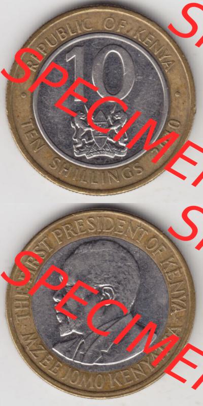 Münzen Afrika Kenia Umlaufmünzen 2010-2010, 10 Schilling - Shillings 2010. Vorderseite und Rückseite vertikal untereinander auf einen Digitalen Bild einer Münze aus Kenia,... Sammlung